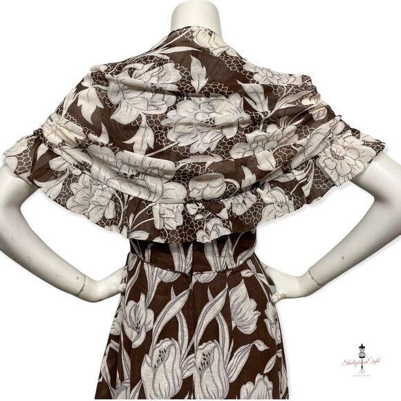 Vintage 1970s Floral Print Brown White Maxi Dress & Matching Shawl Scarf S 4 6 - Picture 9 of 15